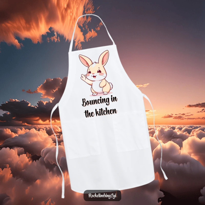 Funny rabbit climbing apron showing a rabbit reaching for a handhold. Humorous kitchen wear for motivated cooks.