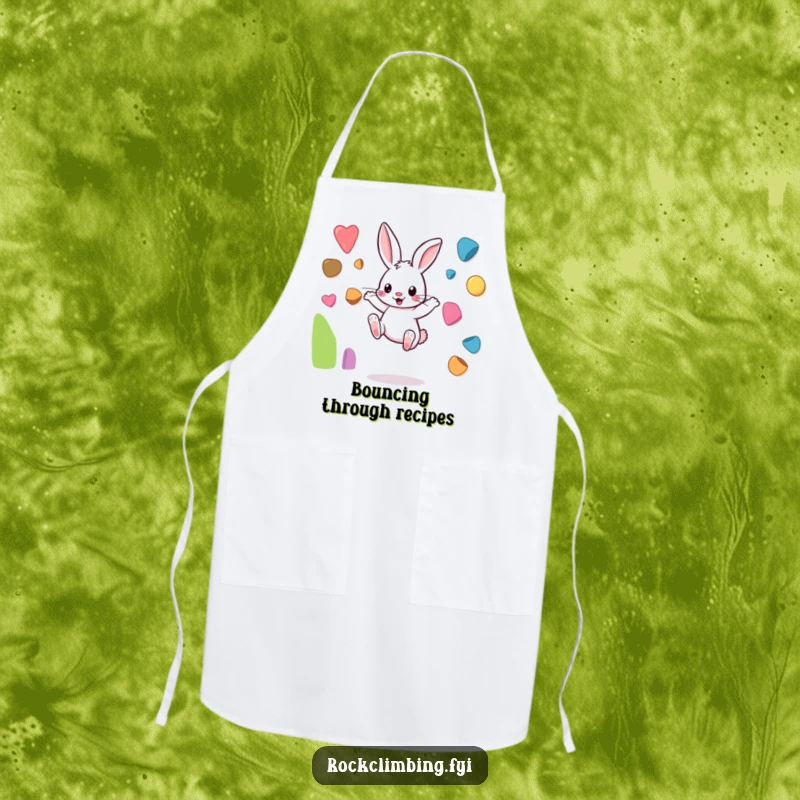 Funny rabbit apron showing a playful bunny leaping between tiny, colorful climbing holds, suitable for kitchen activities.