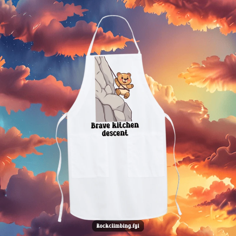 Funny Bear Apron: A determined bear rappels down a cliff, bringing adventurous spirit to kitchen tasks.