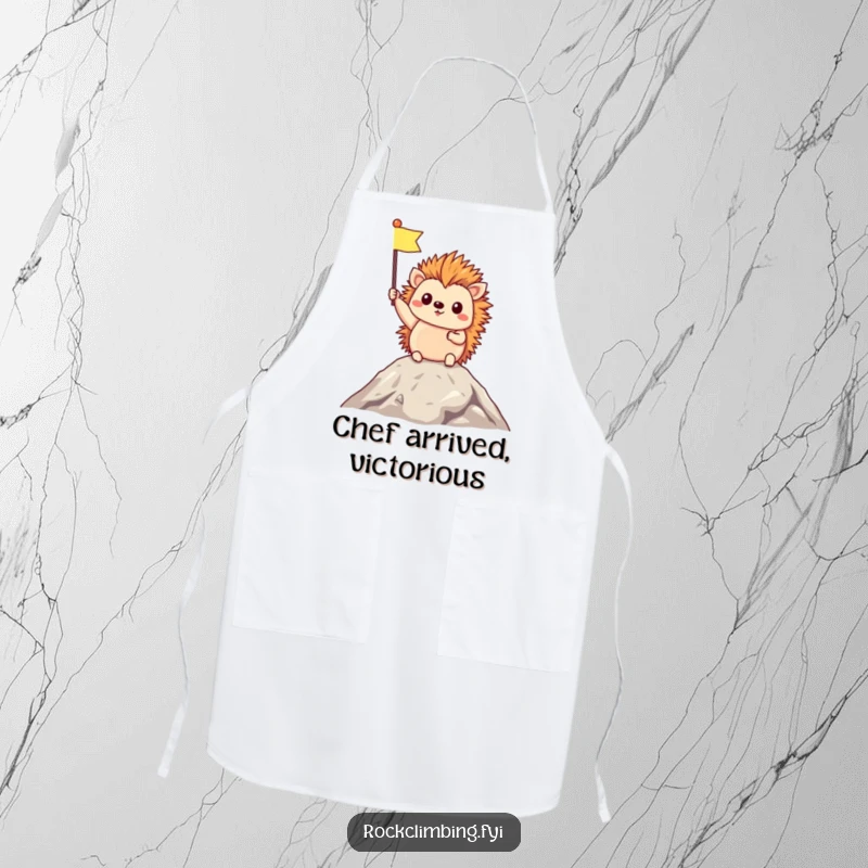 Funny Apron for kitchen warriors featuring a triumphant hedgehog proudly holding a tiny flag at the summit, celebrating cooking achievements.