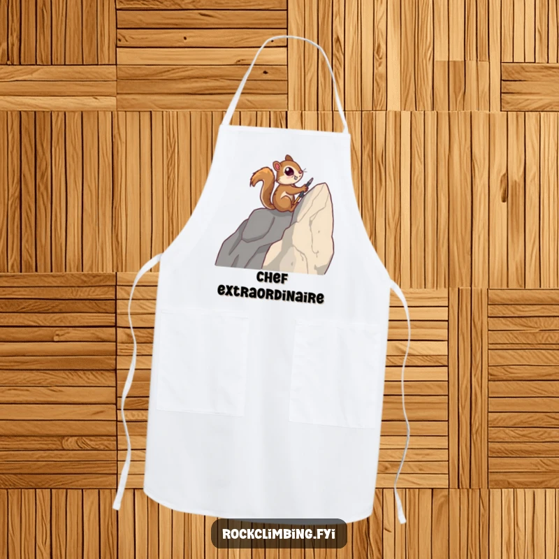 Funny apron showing a determined squirrel using tiny tools to ascend a sheer rock face, symbolizing reaching culinary peaks.