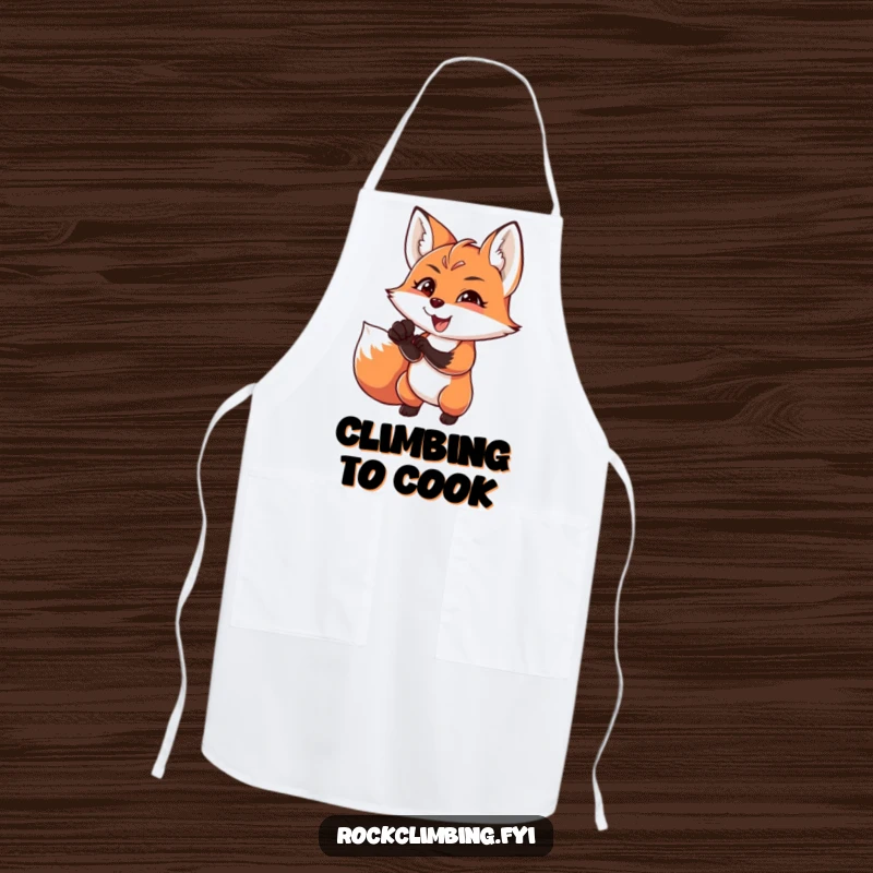 Funny charming fox reaching for a difficult handhold with intense focus and joy, embodying focus, a practical funny apron.