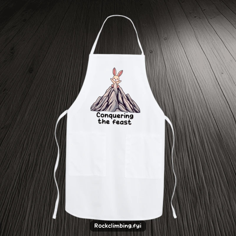 Funny apron featuring a triumphant rabbit reaching a mountain peak, perfect for the motivated chef.