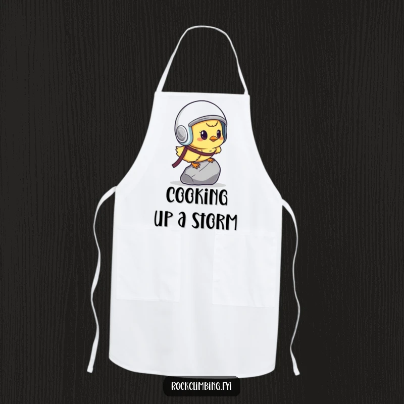 Funny determined chick with helmet, scaling a tiny pebble, on a practical and humorous apron.