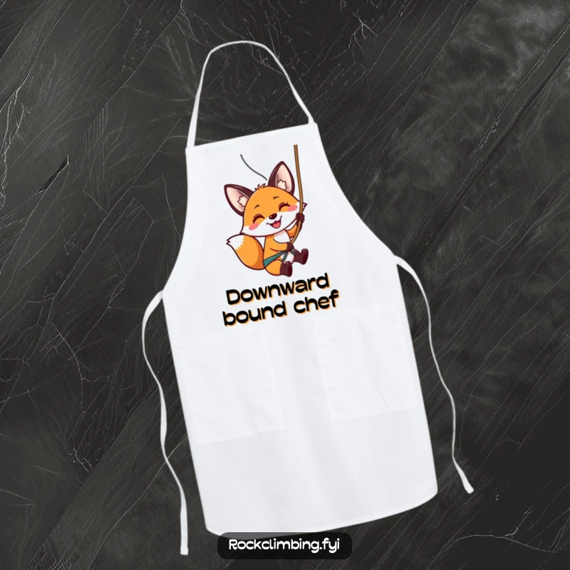 Funny apron with a smiling fox rappelling down a rock face, ready for kitchen challenges and culinary adventures.
