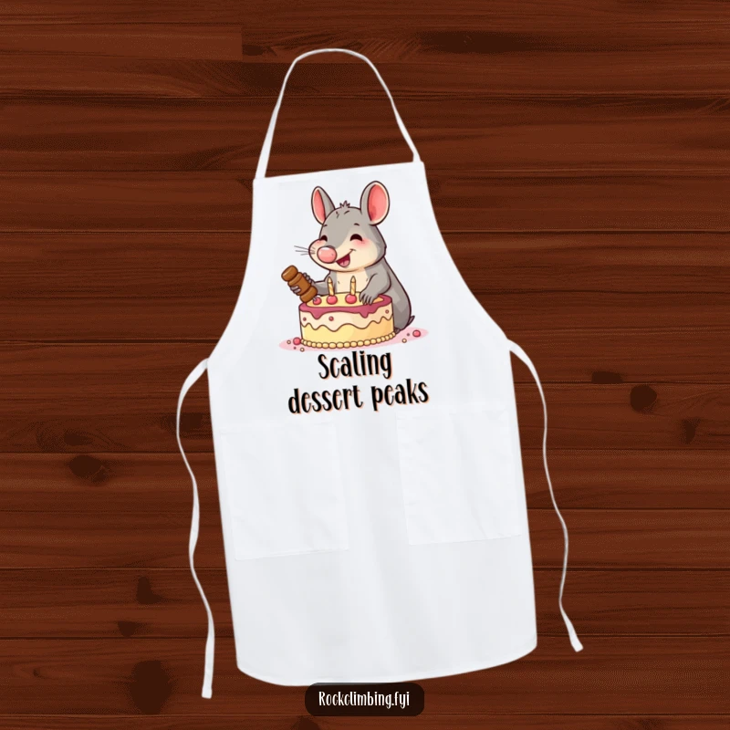 Funny apron with a smiling aardvark enthusiastically hammering pitons into a cake, a humorous accessory for culinary adventurers.