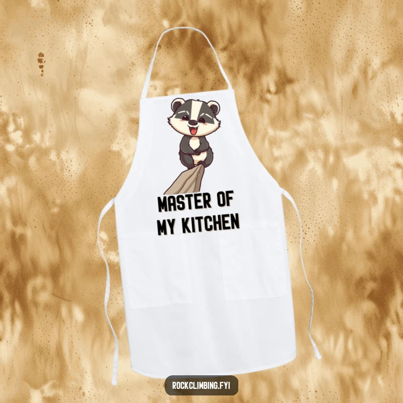 Funny apron with a cheerful badger expertly navigating a narrow ledge, ideal for confident kitchen adventures.