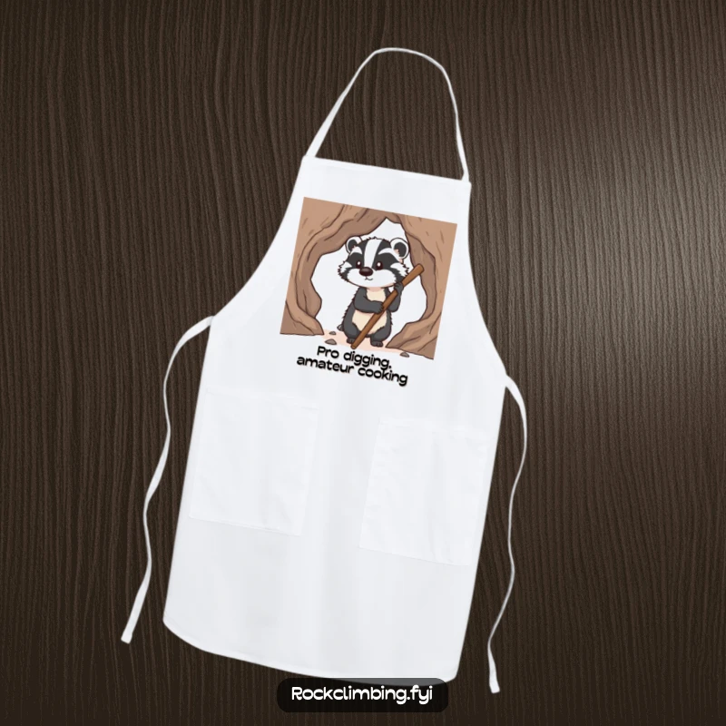 Funny badger apron featuring a determined badger using a stick to find pawholds while climbing, a humorous garment for chefs.