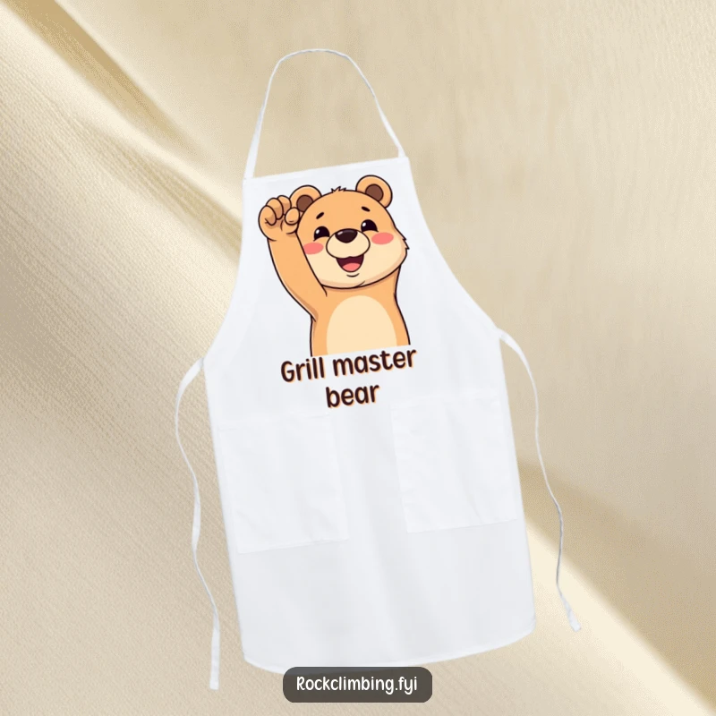 Funny apron showing a happy bear grinning while reaching for a challenging climbing hold, symbolizing reaching culinary peaks with joy.