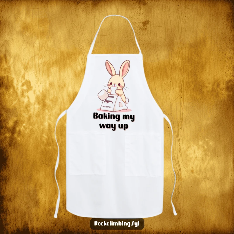 Funny bunny apron showing a bunny climbing a marshmallow, perfect for sweet bakes and humorous kitchen adventures.