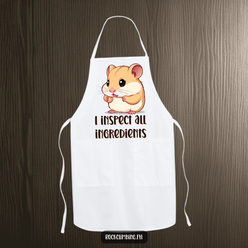 Funny curious hamster apron featuring a small rodent examining tiny handholds, perfect for cooking with a humorous, focused spirit.