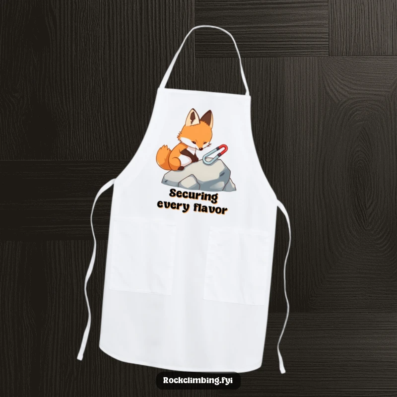 Funny fox apron, depicting a focused fox carefully attaching a miniature carabiner to a rock, perfect for precise kitchen tasks.