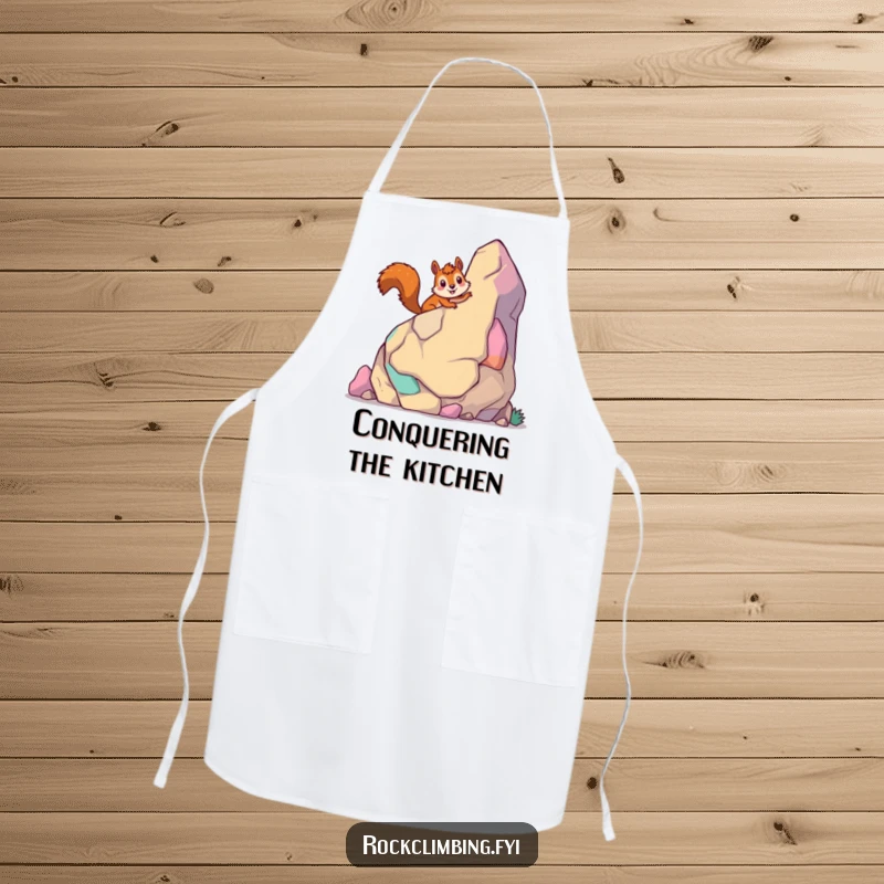 Funny giddy squirrel apron featuring a smiling squirrel climbing a colorful cartoon rock, perfect for kitchen fun.