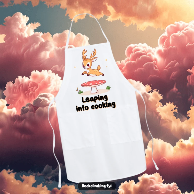 Funny apron, a deer humorously using a mushroom as a springy trampoline while cooking or baking, adding comical flair.