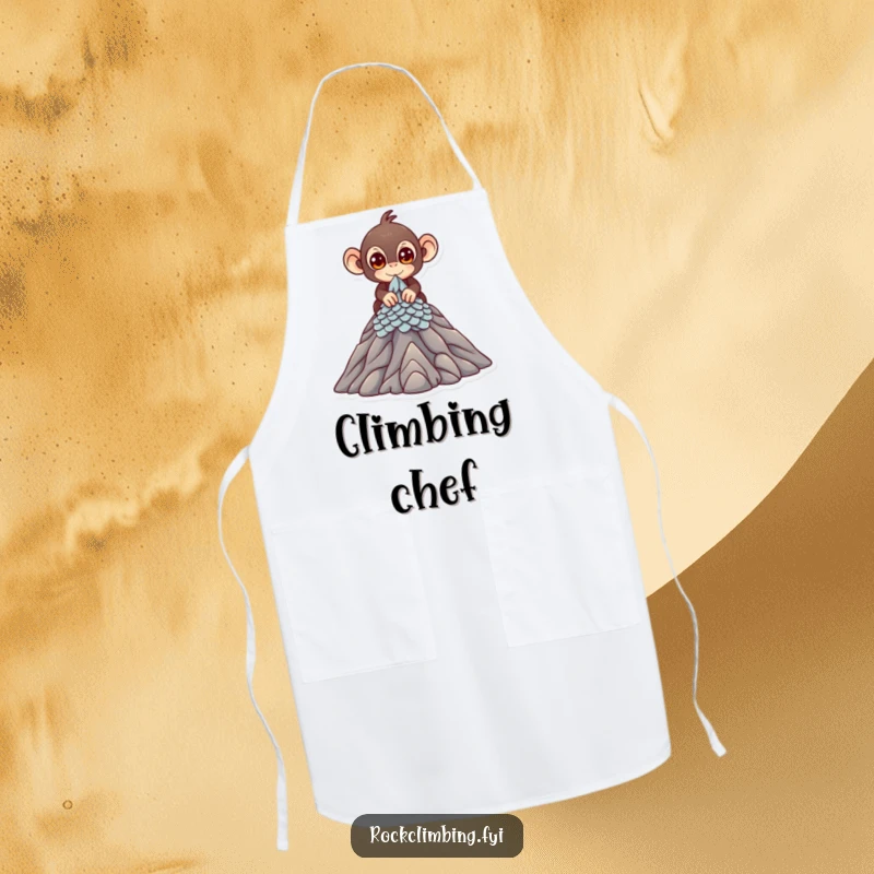 Funny Apron with a cute monkey with bright eyes scaling a miniature mountain peak, perfect for kitchen adventure.