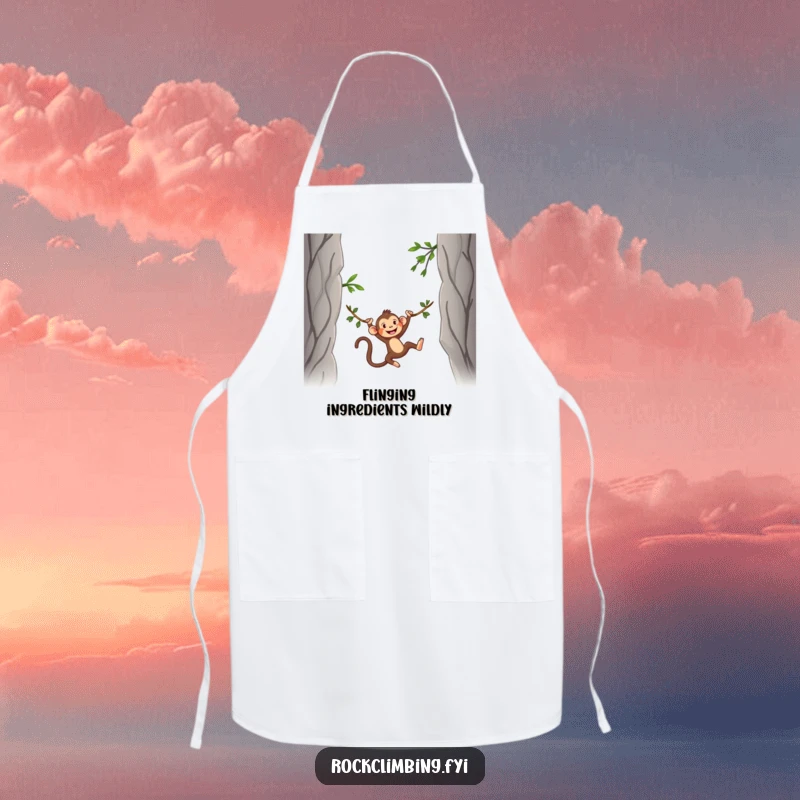 Funny Apron for chefs and bakers featuring a silly monkey swinging on a vine between two rocky peaks, ready for kitchen adventures.