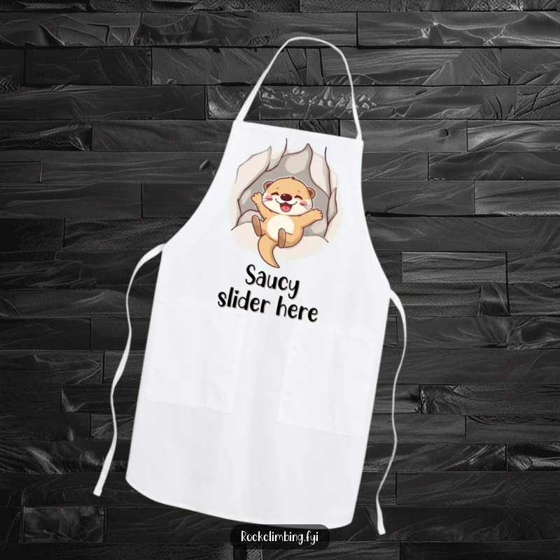 Funny Otter Sliding Apron: A joyful otter grins while sliding down a rock face, bringing fun to cooking.