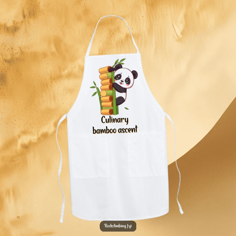 Funny panda climbing a giant stack of bamboo stalks on a kitchen apron, ready for culinary challenges with humor.