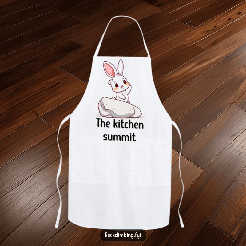 Funny apron featuring a curious rabbit reaching for a colorful handhold on a boulder, perfect for kitchen adventures.