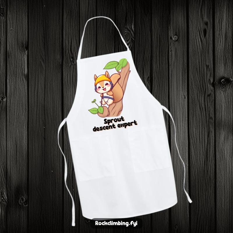 Funny squirrel in a helmet rappelling down a sprout on a kitchen apron, ready for culinary adventures with humor.