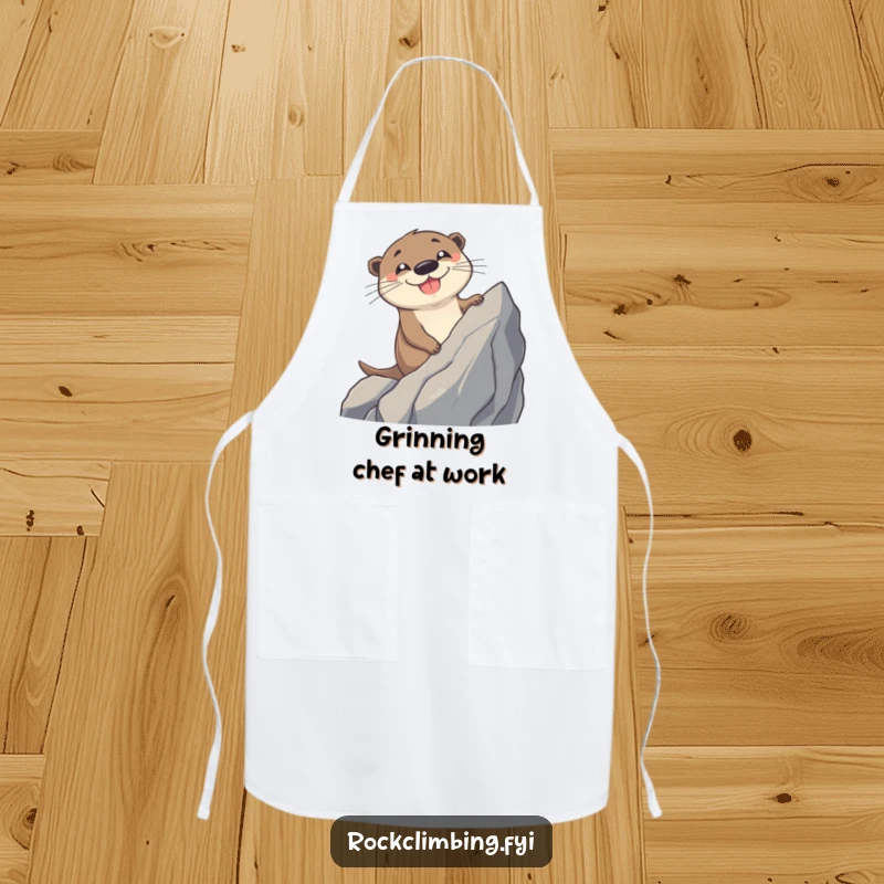 Funny Otter Apron: A cheerful otter with a big grin scales a rock, bringing energetic fun to kitchen tasks.