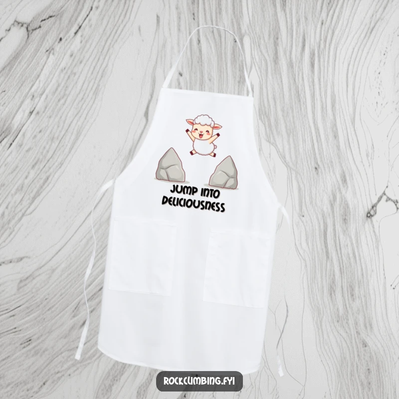 Funny apron with a delighted sheep captured mid-leap between two pointed rocks, ready for kitchen fun.