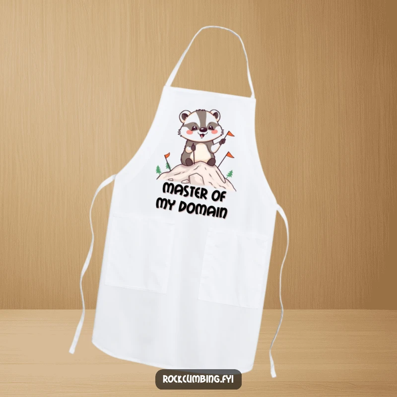 Funny badger apron showing a badger planting flags on a mountain summit, perfect for humorous kitchen triumphs.