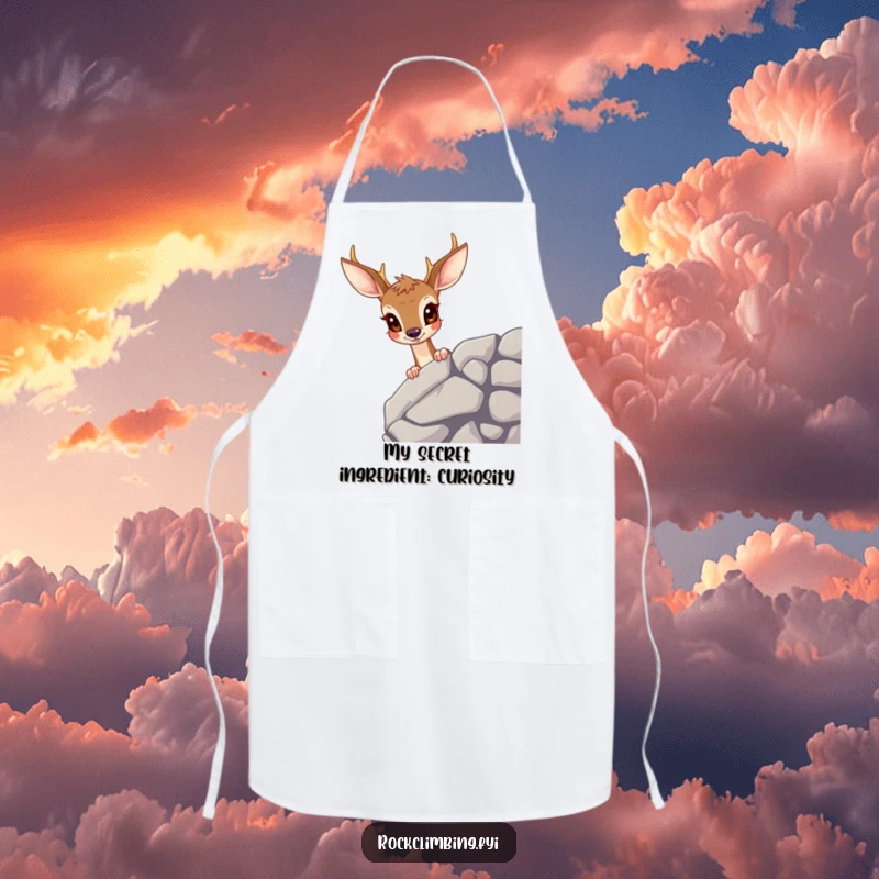 Funny deer apron featuring a curious deer peering over a rocky ledge, a humorous garment for kitchen adventures.