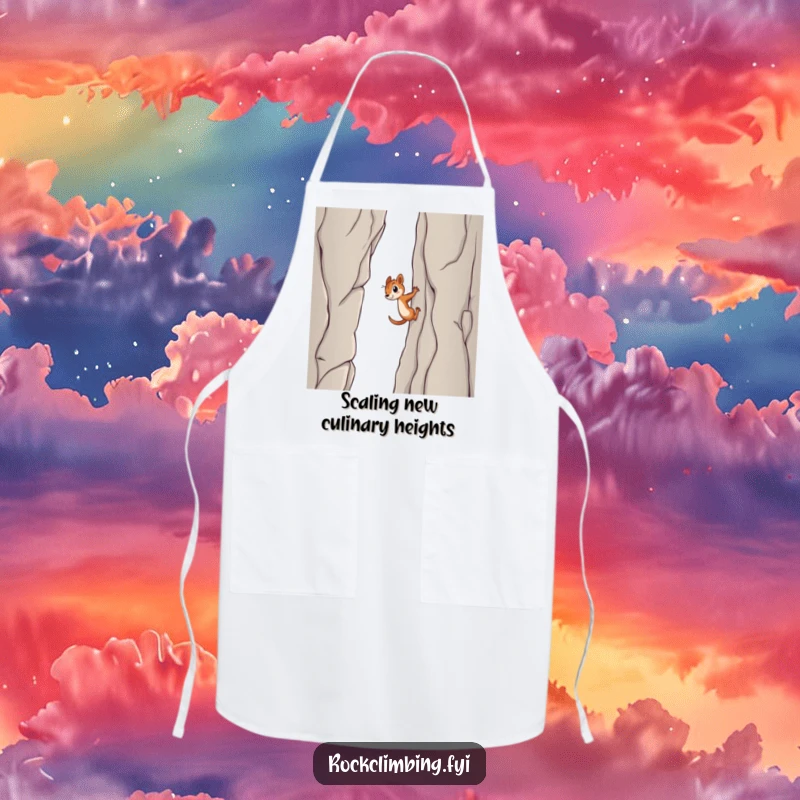 Funny squirrel apron, depicting a determined squirrel scaling a sheer cliff, ready to tackle any kitchen task with heroic, humorous effort.