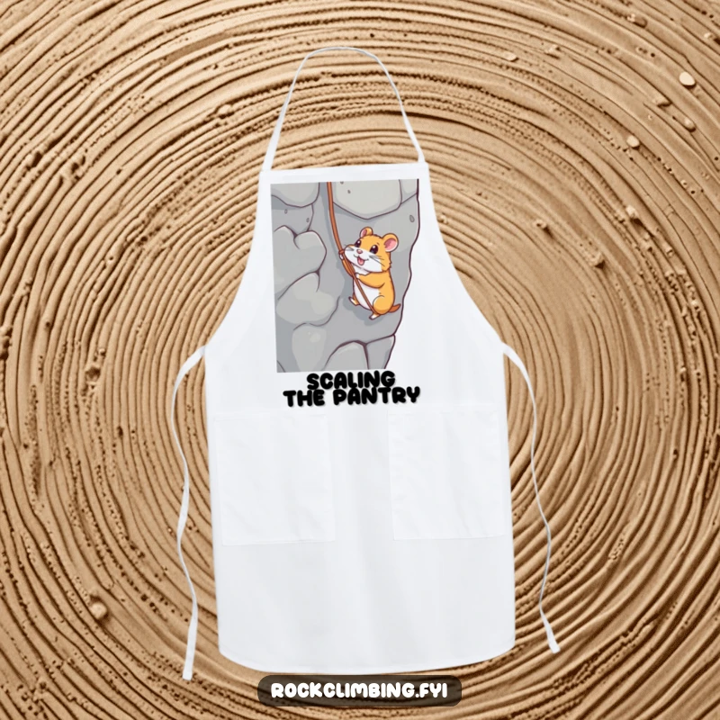 Funny apron depicting a hamster rappelling down a rock face, ideal for kitchen adventures and humorous cooking sessions.