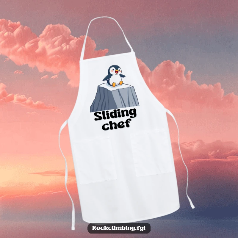 Funny Apron with a happy penguin sliding down a sheer cliff face on its belly, perfect for kitchen fun.