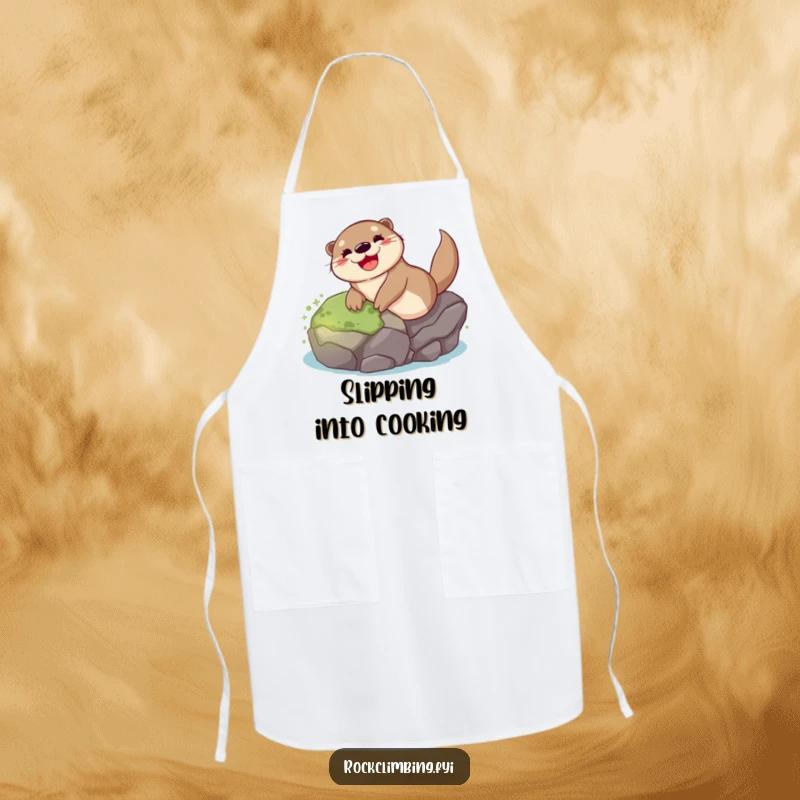 Funny otter apron showing a happy otter gleefully sliding down a mossy rock, perfect for a chef with a playful spirit.