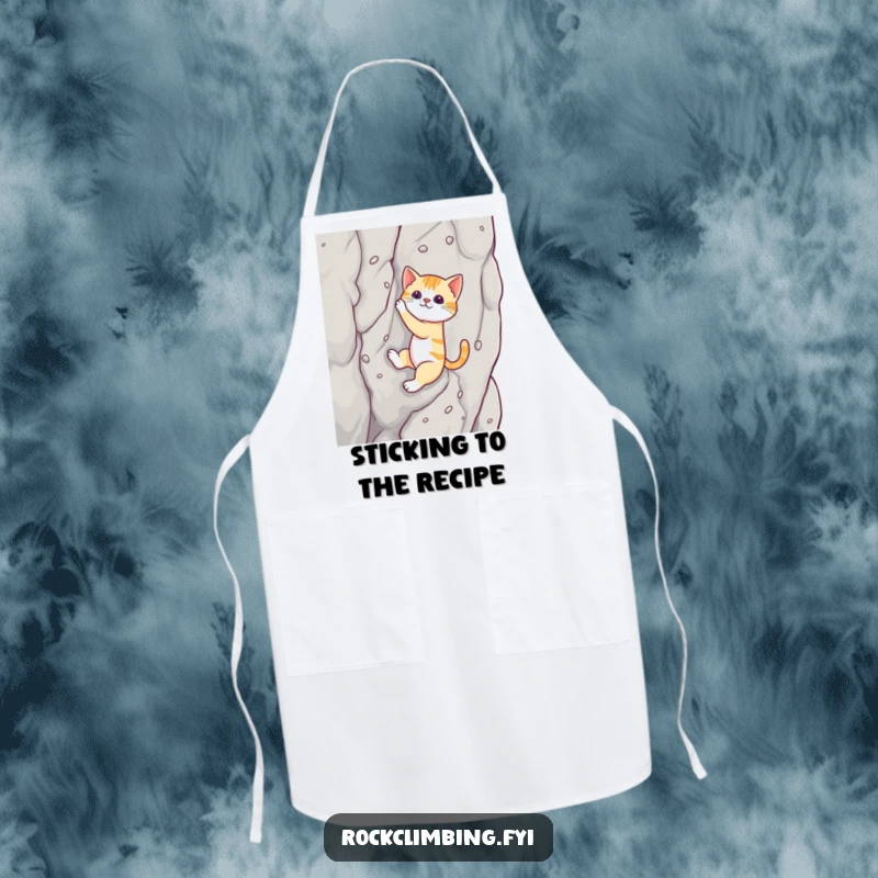 Funny cat apron featuring a cat climbing a rock with suction cups, perfect for humorous kitchen adventures.
