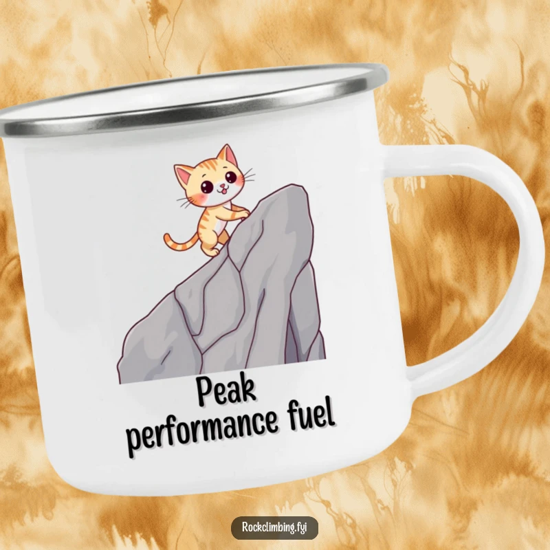 Funny cat camping mug showing a winking cat climbing a cliff, ideal for outdoor enthusiasts and humor lovers.