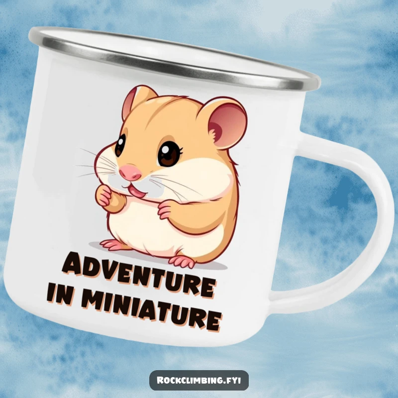 Funny curious hamster camping mug featuring a small rodent looking at tiny handholds, perfect for outdoor enthusiasts who embrace humor.
