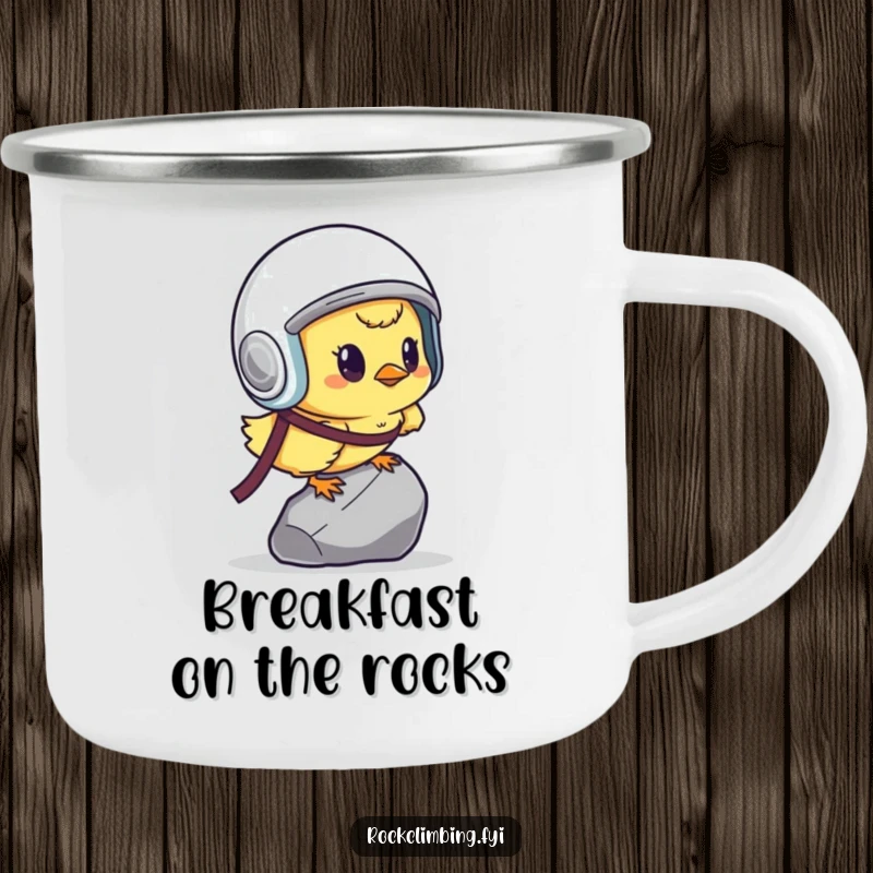Funny determined chick with helmet, climbing a tiny pebble, on a durable camping mug.