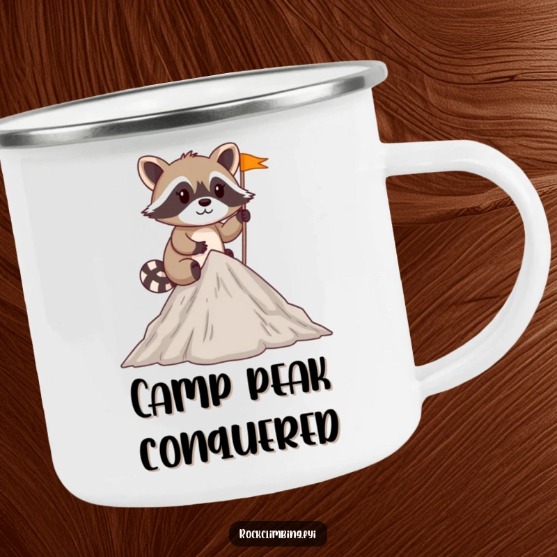 Funny mischievous raccoon planting a tiny flag at the summit of a small peak on a durable camping mug.