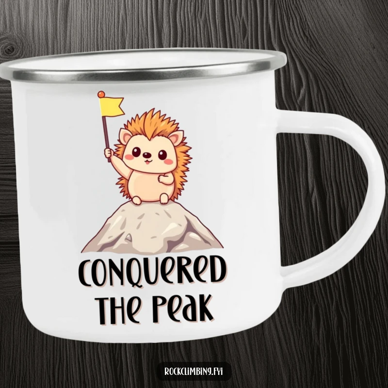 Funny Camping Mug showcasing a triumphant hedgehog holding a small flag at a mountain summit, designed for rugged celebration on the go.