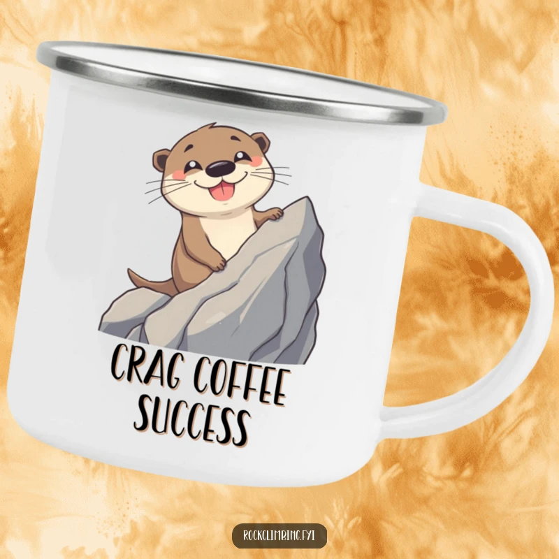 Funny Otter Camping Mug: A cheerful otter with a big grin conquers a rocky peak, perfect for rugged outdoor enjoyment.