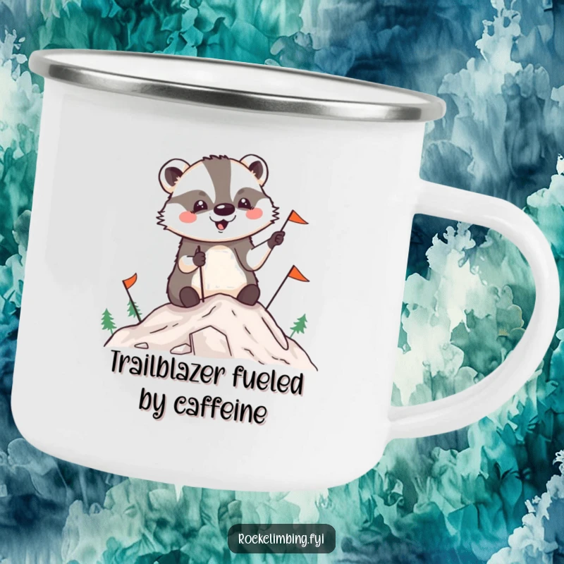 Funny badger camping mug showing a badger planting flags on a mountain summit, perfect for celebrating outdoor achievements.