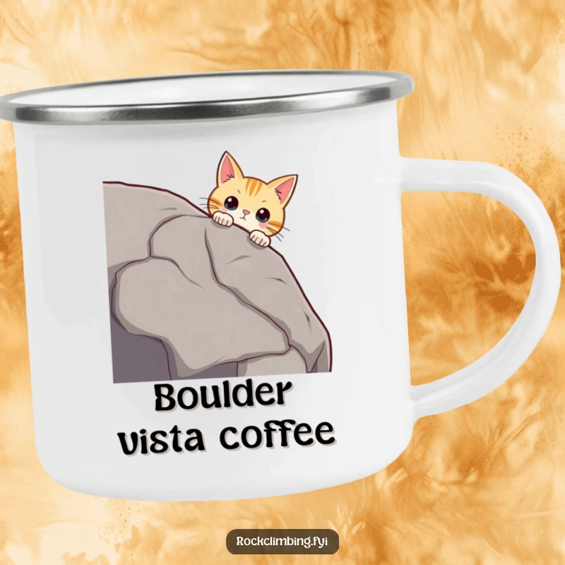 Funny curious cat peering over a massive boulder edge, whiskers twitching, looking intrigued, a durable funny mug.