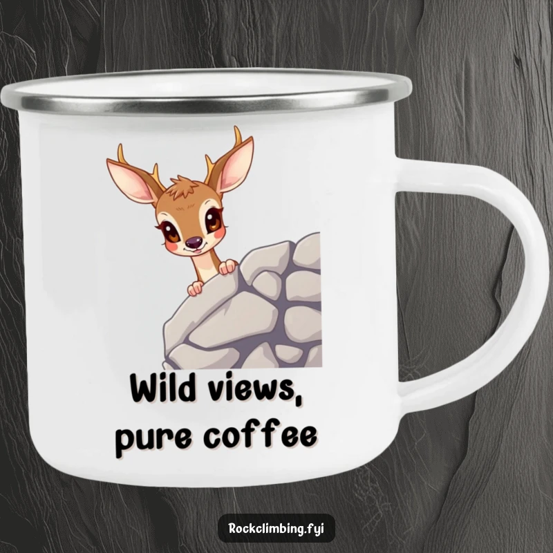 Funny deer camping mug showing a wide-eyed deer peering over a rocky ledge, ideal for outdoor use with a humorous wildlife twist.