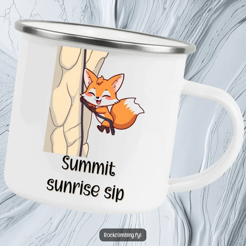 Funny Fox Rappelling Camping Mug: A winking fox rappels down a cliff, ideal for outdoor adventures and coffee.