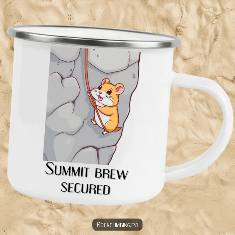 Funny camping mug with a hamster rappelling down a rock face, designed for outdoor enthusiasts to enjoy their drinks humorously.