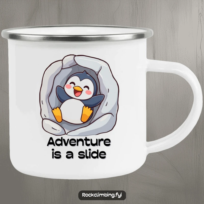 Funny joyful penguin camping mug featuring a happy bird sliding down a rock, perfect for outdoor adventures and a cheerful mood.
