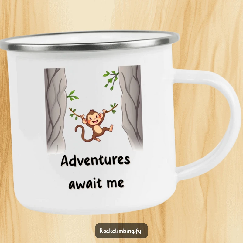 Funny Camping Mug featuring a silly monkey swinging on a vine between two rocky peaks, designed for outdoor fun and beverages.