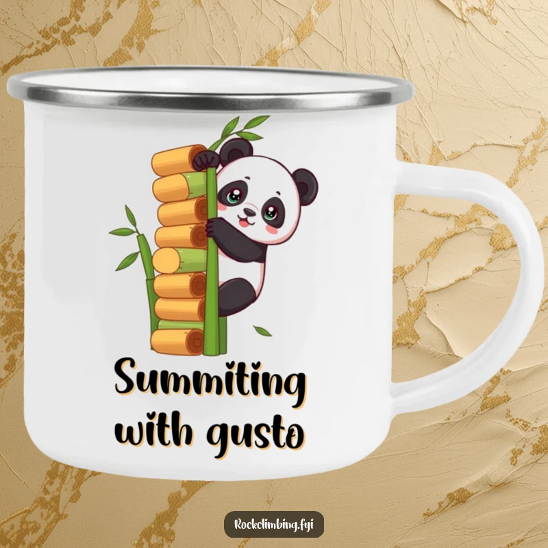 Funny panda climbing a giant bamboo stack on a durable camping mug, ideal for outdoor enthusiasts seeking motivation.