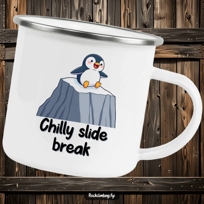 Funny Camping Mug showing a happy penguin sliding down a sheer cliff face on its belly, perfect for outdoor fun.