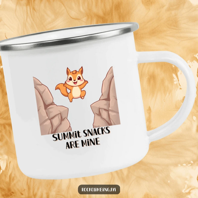 Funny squirrel camping mug showing a squirrel mid-leap, designed for outdoor adventures and humorous moments around the fire.