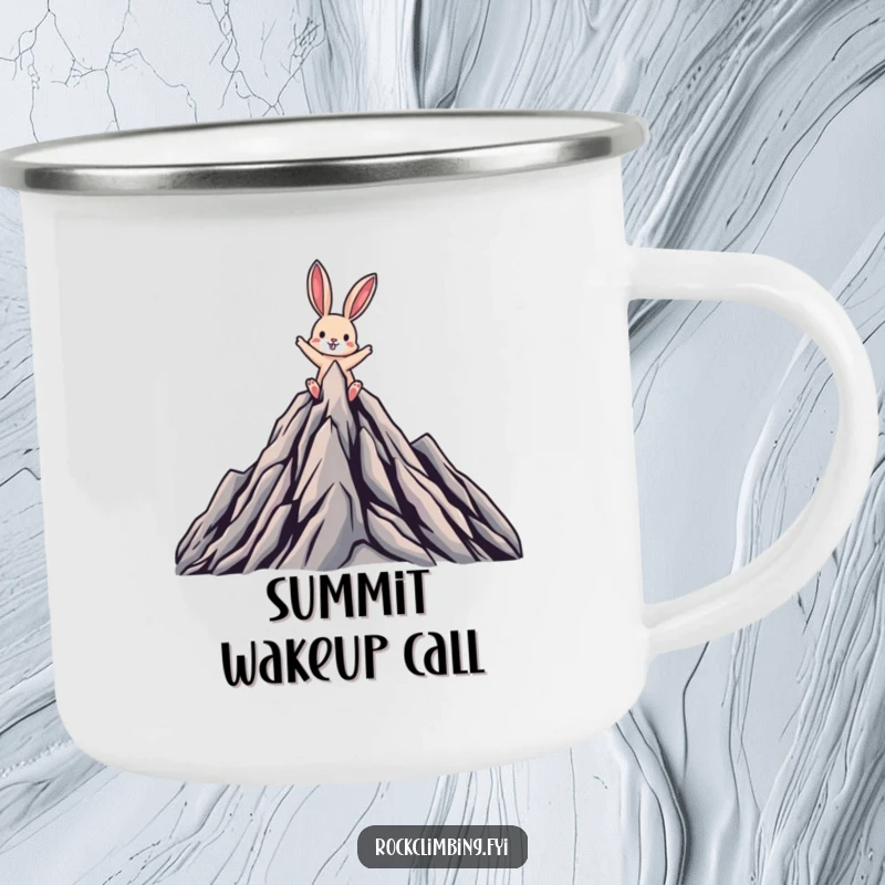 Funny enamel camping mug showing a triumphant rabbit at the mountain peak, perfect for celebrating outdoor conquests.